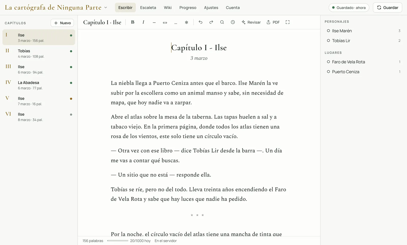 El editor de Escaletta con el capítulo I abierto y, al lado, los personajes y lugares que aparecen.